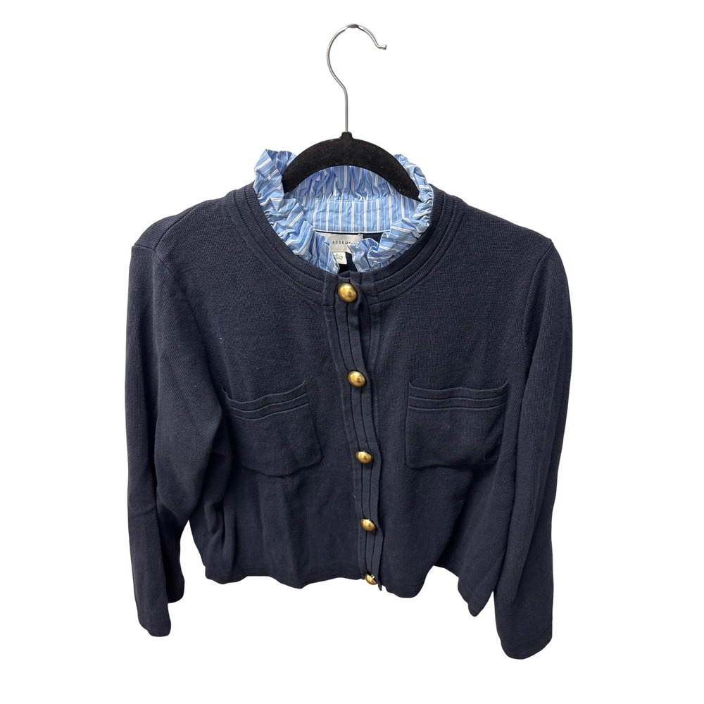 Free Assembly Navy Ruffle Collar Cardigan Gold Button Knit Sweater Large 12-14
